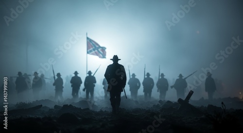 Silhouetted soldiers with flag in smoky battlefield