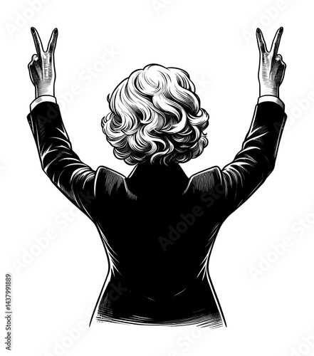 sketch drawing silhouette of female politician with victory sign finger raises up (artwork 1)