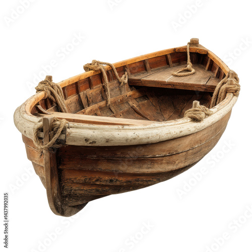 Rustic wooden rowboat isolated on transparent PNG background