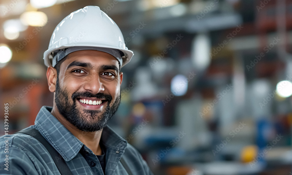 Smiling Indian construction worker with white hard hat construction site manufacturing facility Smiling Indian construction worker with white hard hat construction site manufacturing facility