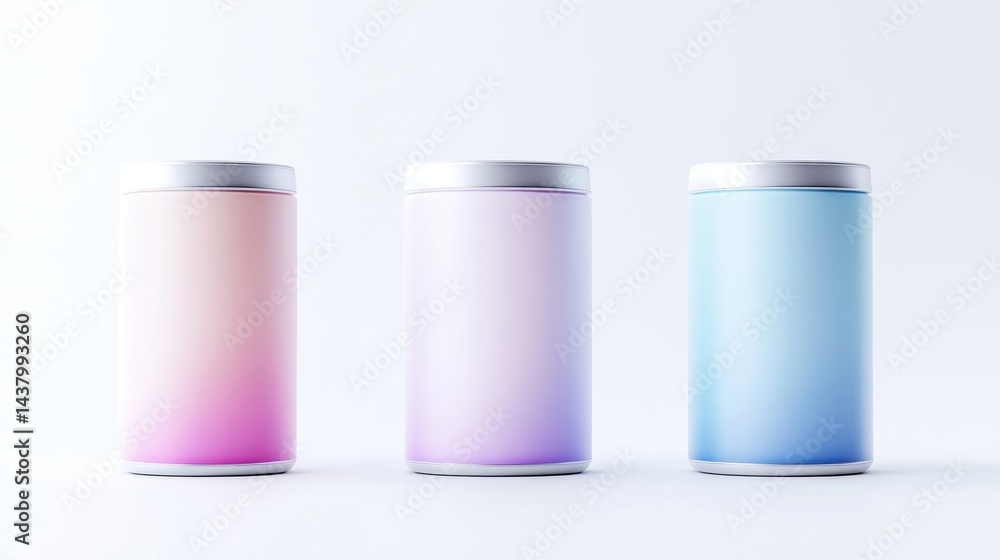 Three pastel-colored cylindrical containers Three pastel-colored cylindrical containers