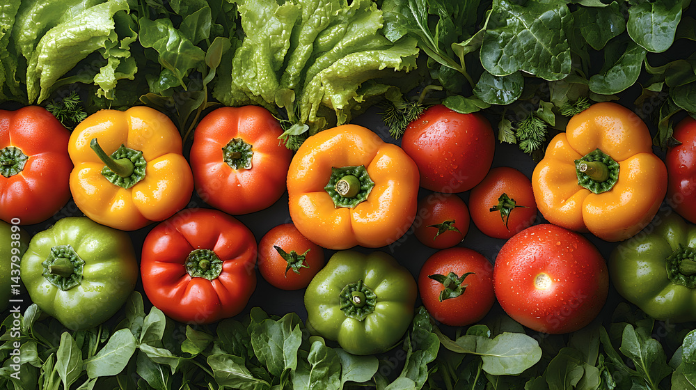 Bright vegetable pattern featuring peppers, tomatoes, lettuce, and herbs symbolizing freshness and health Bright vegetable pattern featuring peppers, tomatoes, lettuce, and herbs symbolizing freshness and health