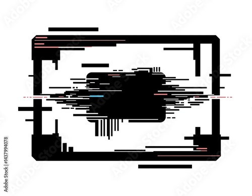 abstract depiction of disruption with rectangular outline surrounding blurred glitching black mass