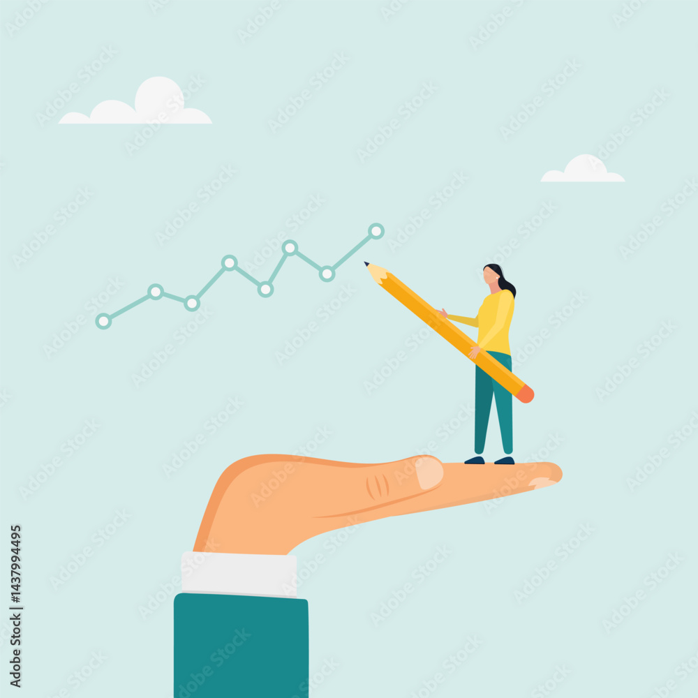 Help to achieve success in business, help to achieve success with ascending graph. Vector illustration. Help to achieve success in business, help to achieve success with ascending graph. Vector illustration.