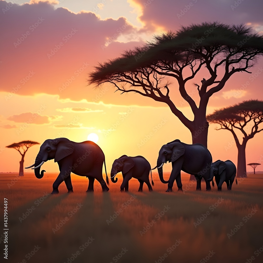 Obraz premium elephants in the sunset