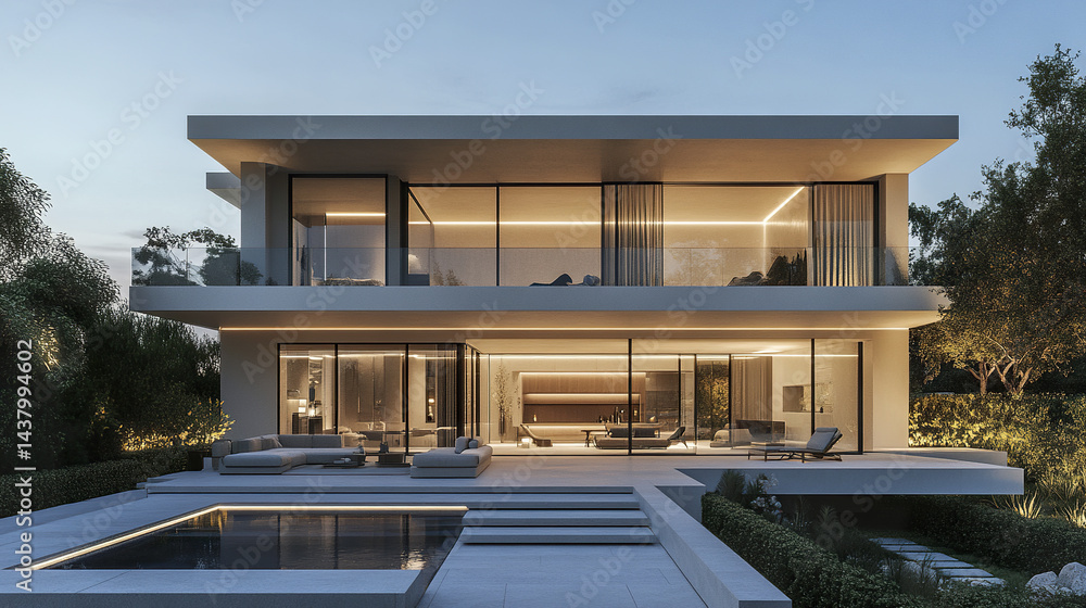 Fototapeta premium minimalist luxury villa glowing dusk light, showcasing modern architecture and serene ambiance