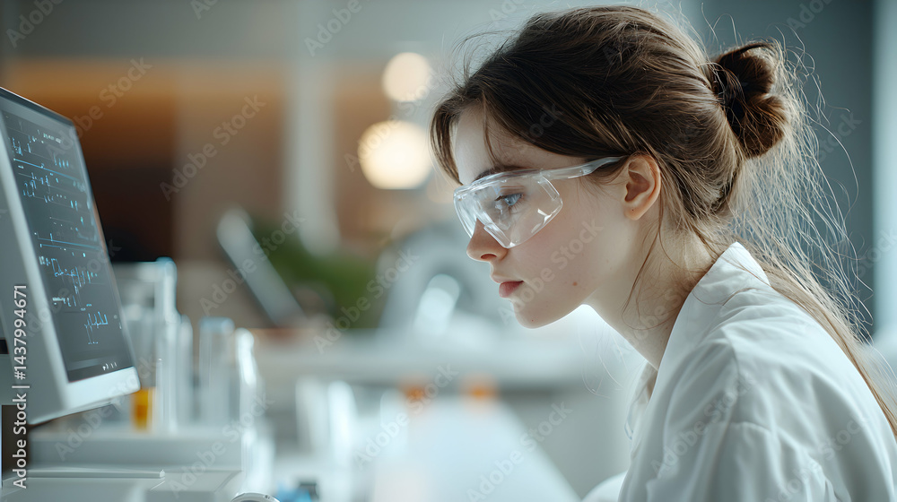 A scientist studies data on a computer. She wears goggles and a lab coat. It suggests scientific research and analysis of complex information. A scientist studies data on a computer. She wears goggles and a lab coat. It suggests scientific research and analysis of complex information.