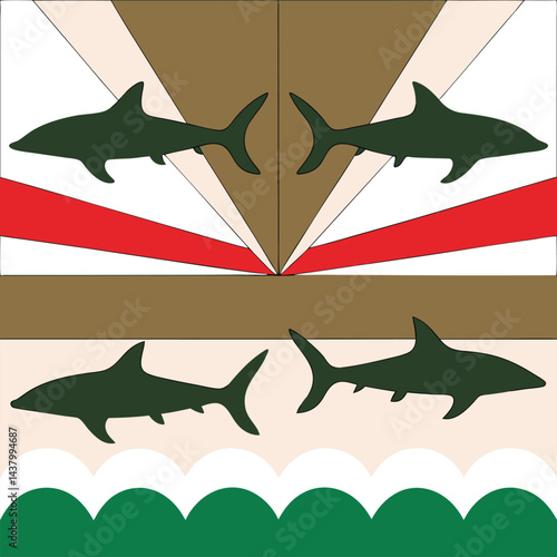 "Dynamic Shark Silhouette Collection Featuring Great White, Hammerhead, and Ocean Wildlife Scenes Vector Illustration"