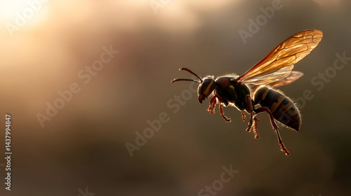 A wasp hovering in mid-air, captured from a side angle. The sunlight shines through its wings, creating a subtle glow. The soft background highlights the insect in motion.
