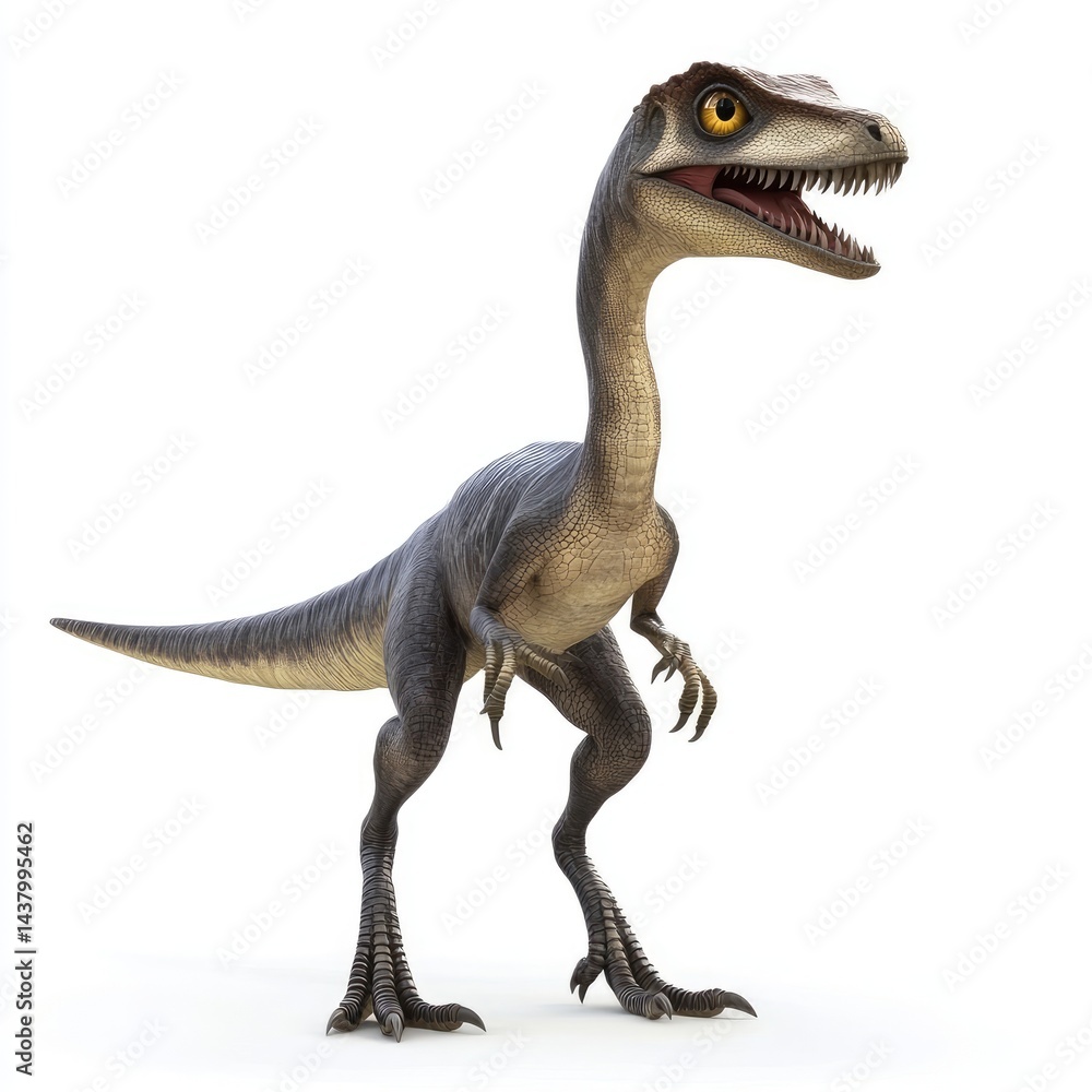 Fototapeta premium Cute, cartoonish depiction of a young Velociraptor.