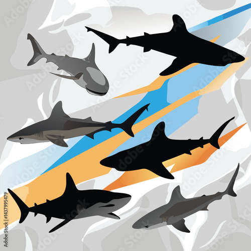 "Dynamic Shark Silhouette Collection Featuring Great White, Hammerhead, and Ocean Wildlife Scenes Vector Illustration"