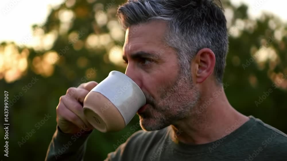 Man Enjoying a Warm Drink at Sunset Man Enjoying a Warm Drink at Sunset