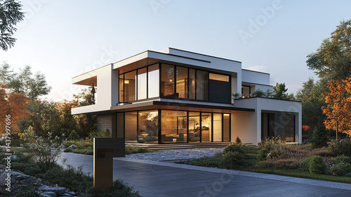 Wallpaper Mural Modern home exterior with flat roof and large windows, surrounded by greenery and pathway Torontodigital.ca