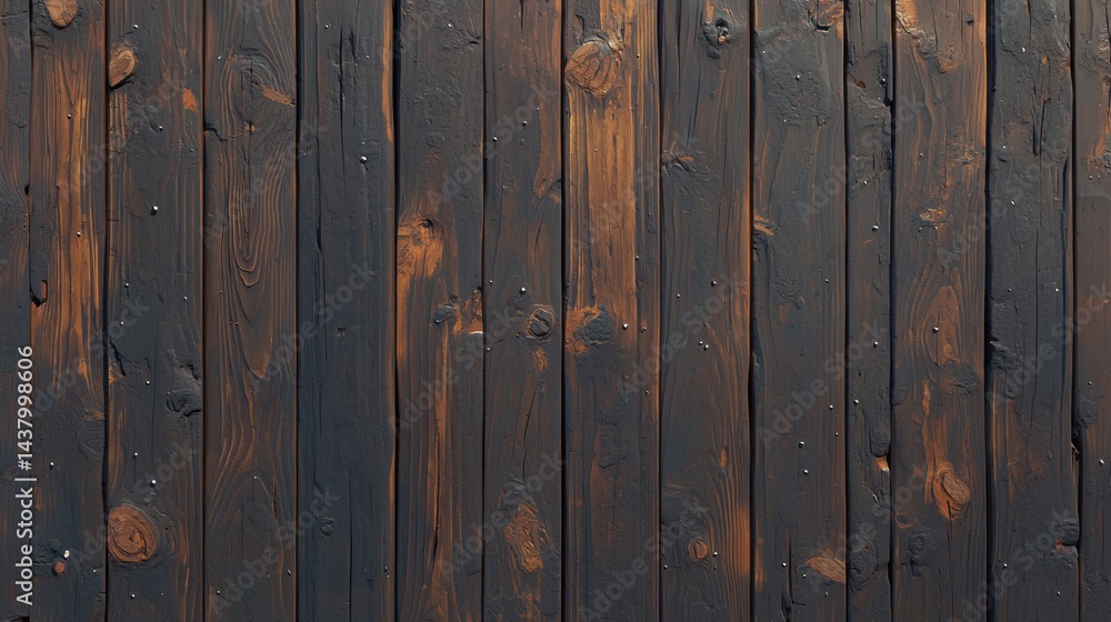A wooden fence with vertical planks and a mix of dark and light brown colors. A wooden fence with vertical planks and a mix of dark and light brown colors.