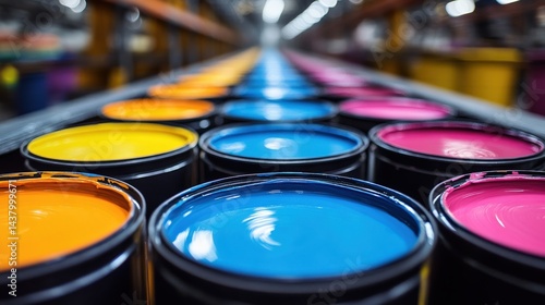 Fototapeta Naklejka Na Ścianę i Meble -  Vibrant colorful paint cans in manufacturing environment featuring bold colors and industrial aesthetics