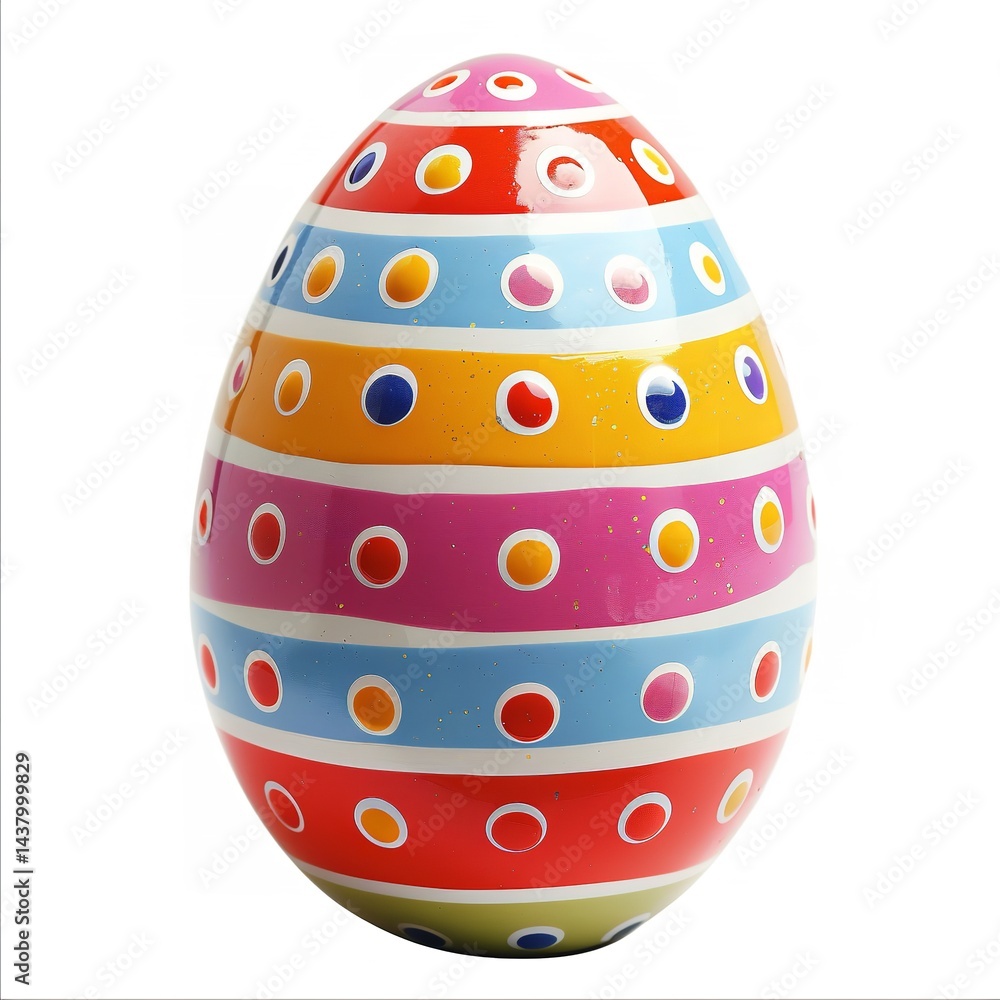 Brightly painted Easter egg with polka dots and stripes on a white background Brightly painted Easter egg with polka dots and stripes on a white background
