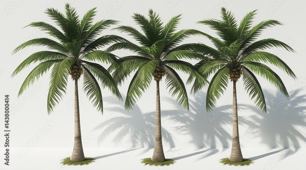 Obraz premium Three realistic palm trees, isolated on a white background, feature tall, textured trunks, lush green fronds, visible coconuts, and subtle shadows for a natural look.