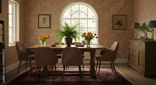 Elegant Dining Room Interior Design with Arched Window and Floral Arrangements