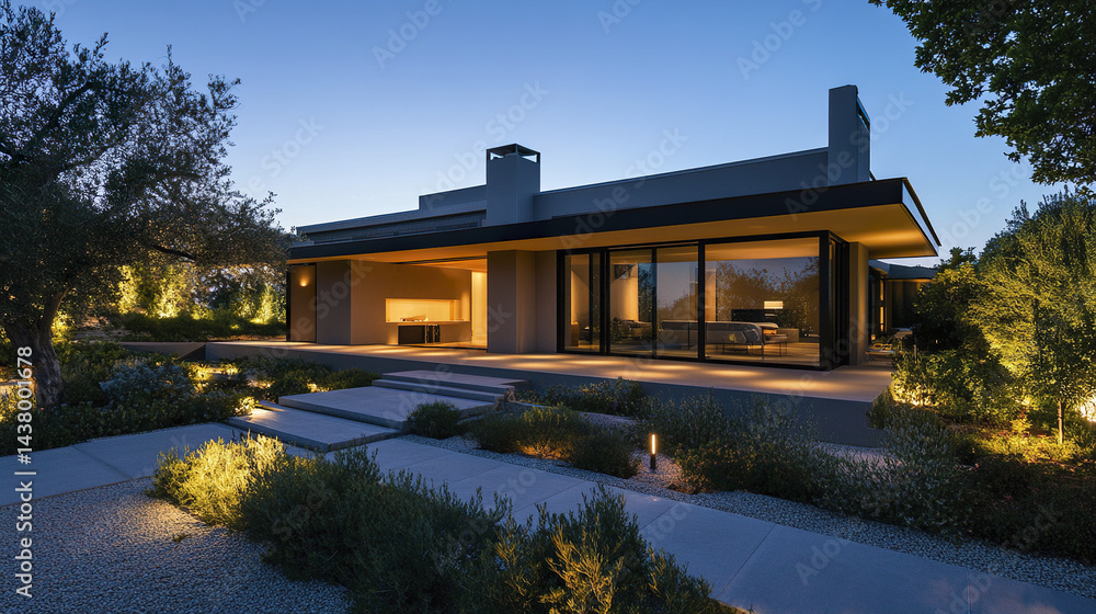 Fototapeta premium Modern home exterior with elegant lighting at night, showcasing serene atmosphere