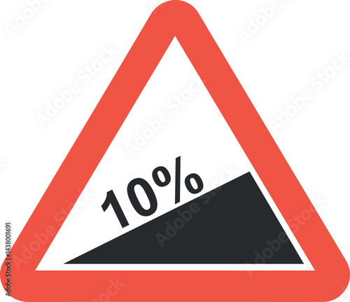 steep uphill road 10 percent incline warning traffic sign with red triangle border on white background