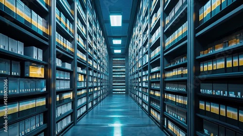 A modern archive with shelves filled with neatly organized files and illuminated by overhead lights.