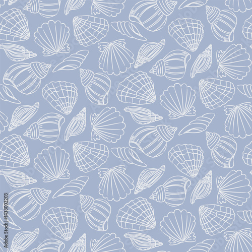 Seamless pattern with hand-drawn seashells on blue background. Simple white line art creates soft coastal feel. Ideal for textile, wrapping, or kids products