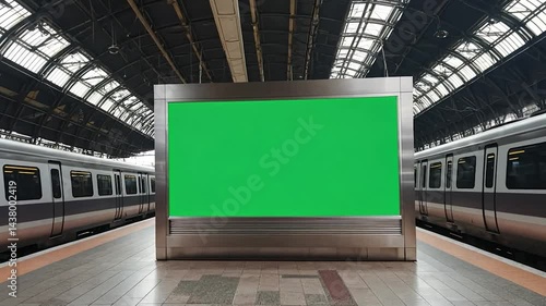 Modern Railway Station with Green Screen Billboard Advertising Display