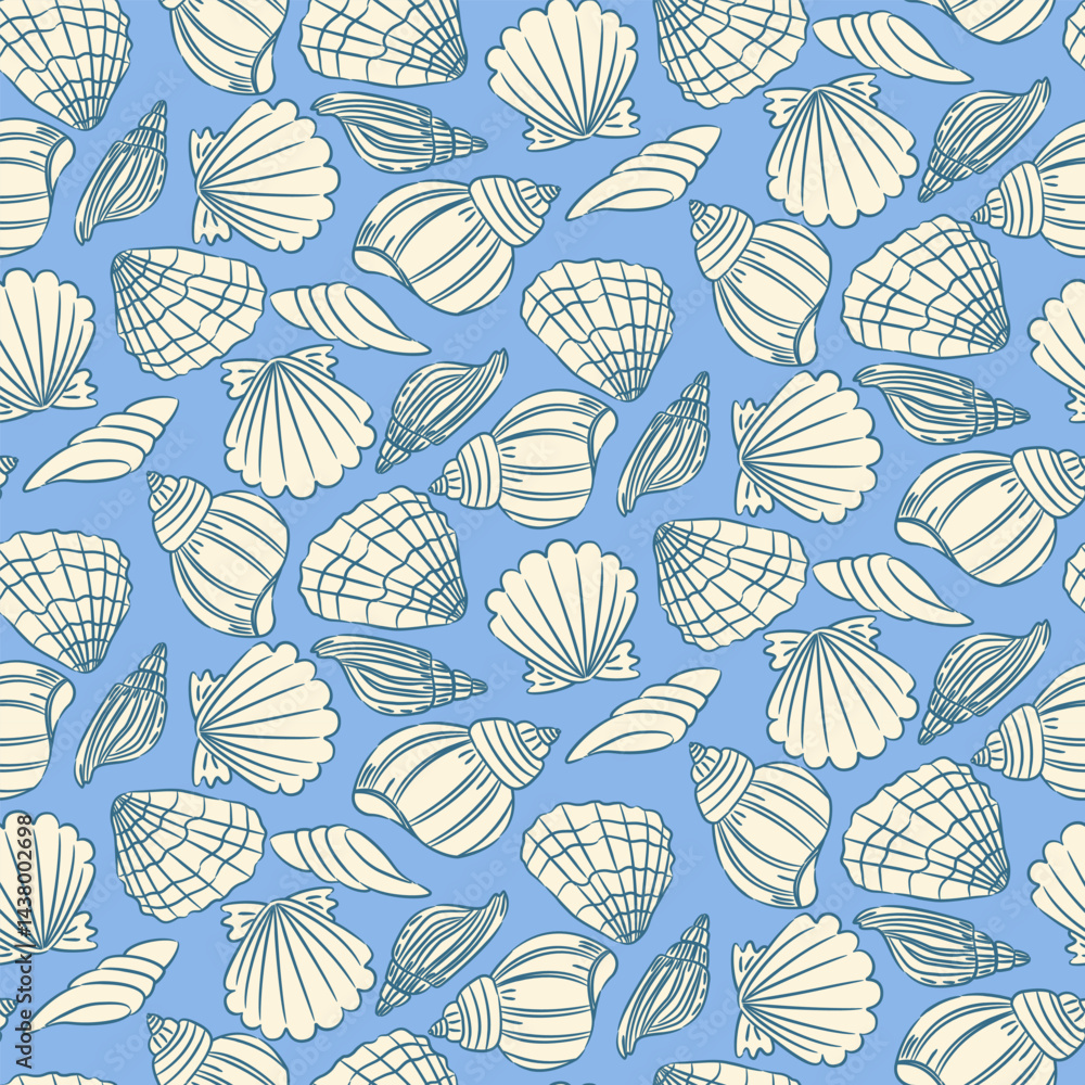Seamless pattern with white seashells on blue background. Elegant marine design for textiles, paper, and beach-themed decor Seamless pattern with white seashells on blue background. Elegant marine design for textiles, paper, and beach-themed decor
