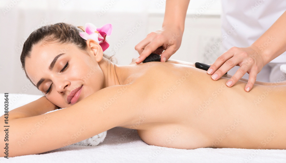 A relaxing back massage using hot stones for wellness and serenity. A woman lies peacefully as a masseuse gently applies the stones, promoting relaxation and well-being. A relaxing back massage using hot stones for wellness and serenity. A woman lies peacefully as a masseuse gently applies the stones, promoting relaxation and well-being.