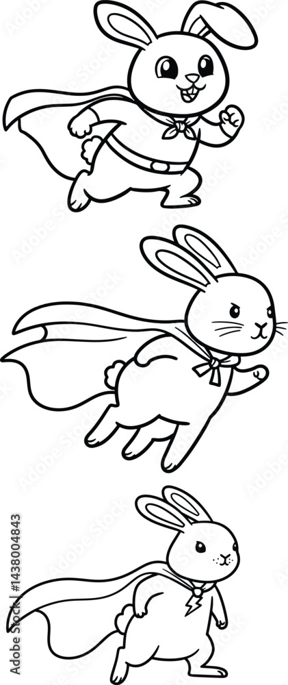 Fototapeta premium Illustration of bunnies line art, wearing a super hero cape
