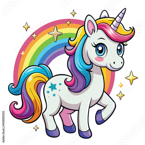 Cute Unicorn hand draw Cartoon vector with rainbow mane and tail. Beautiful Unicorn Cartoon Vector on Background.