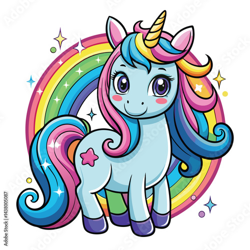 Cute Unicorn hand draw Cartoon vector with rainbow mane and tail. Beautiful Unicorn Cartoon Vector on Background.