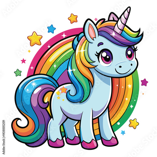 Cute Unicorn hand draw Cartoon vector with rainbow mane and tail. Beautiful Unicorn Cartoon Vector on Background.