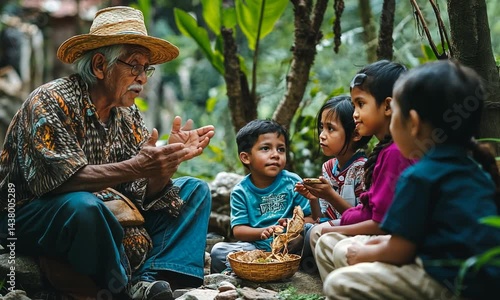 Elderly storyteller engaging with children in a lush forest, sharing cultural tales and traditions