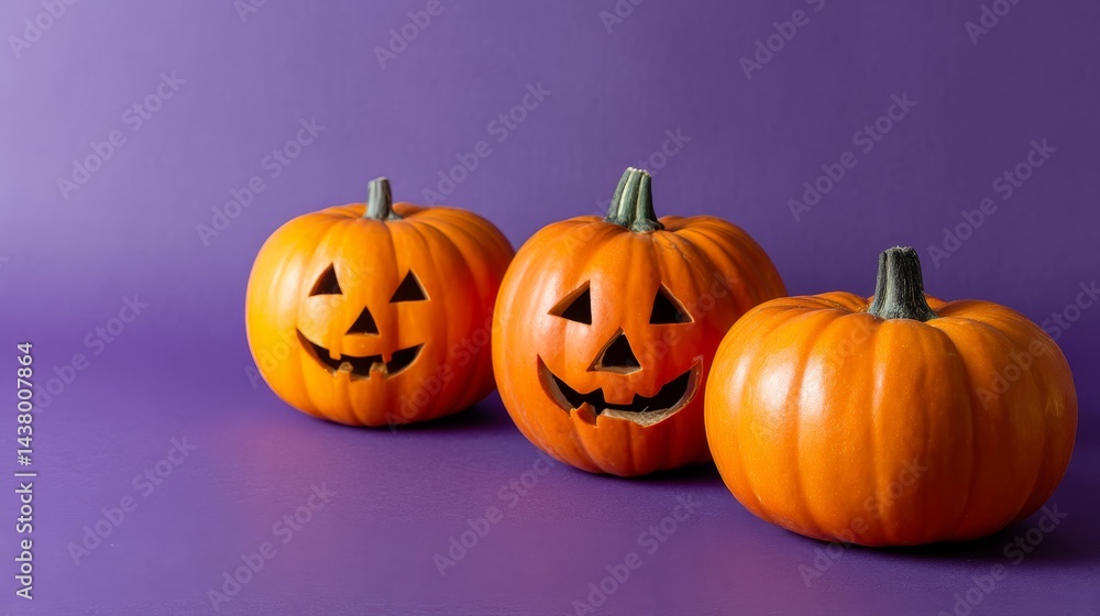 Unique carved gourd heads rest on a deep purple backdrop, perfect for Halloween themes and creative designs, offering ample copy space on the left Unique carved gourd heads rest on a deep purple backdrop, perfect for Halloween themes and creative designs, offering ample copy space on the left