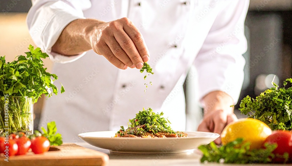 a chef delicately garnishing a dish, enhancing its flavors and presentation a chef delicately garnishing a dish, enhancing its flavors and presentation