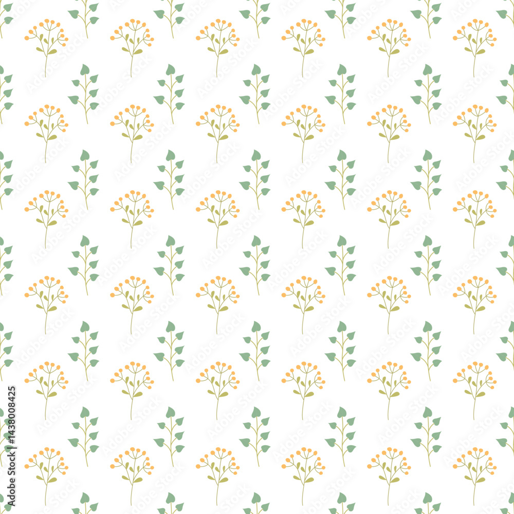 Seamless Pattern With Yellow Bud Flowers and Green Leaves on White Background Seamless Pattern With Yellow Bud Flowers and Green Leaves on White Background