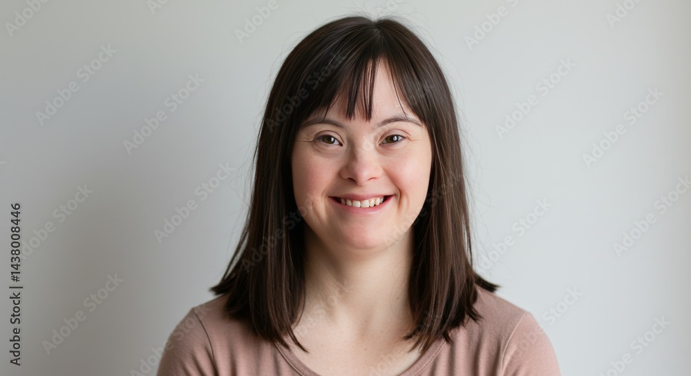Young woman with Down syndrome smiling against a neutral background Young woman with Down syndrome smiling against a neutral background