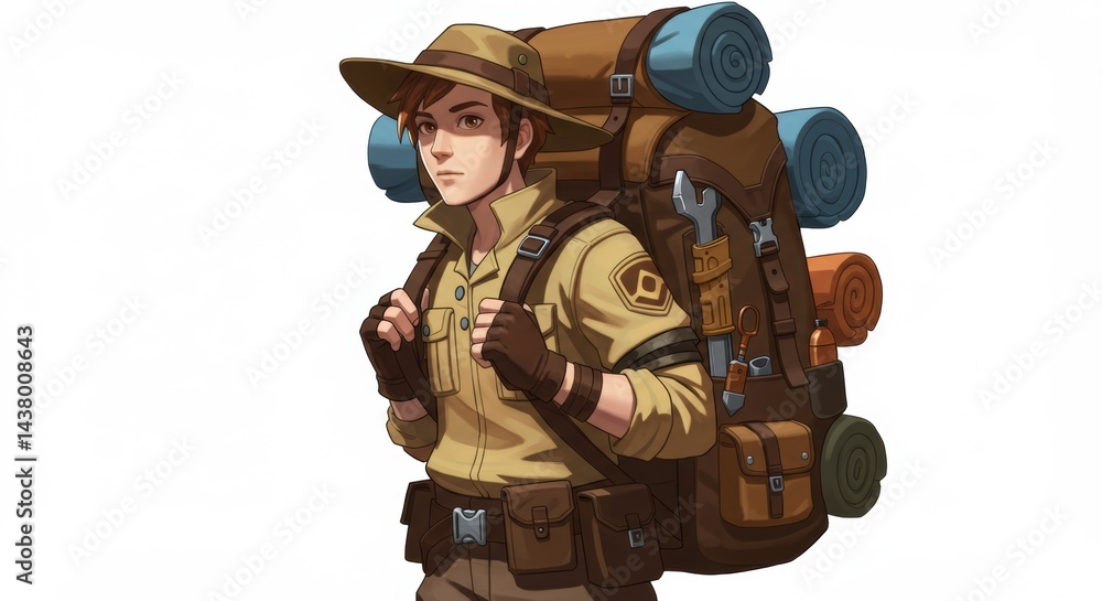 Illustration of a male character with a large backpack and wearing a safari style outfit and hat Illustration of a male character with a large backpack and wearing a safari style outfit and hat