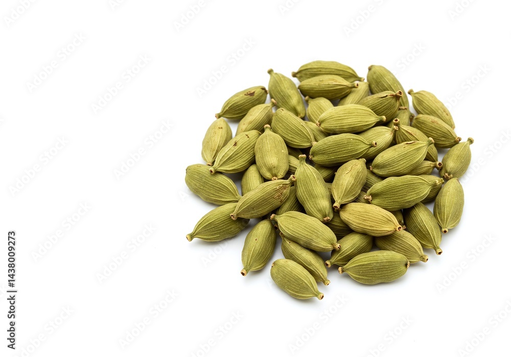 Pile of green cardamom pods arranged in a studio setting isolated on white background Pile of green cardamom pods arranged in a studio setting isolated on white background