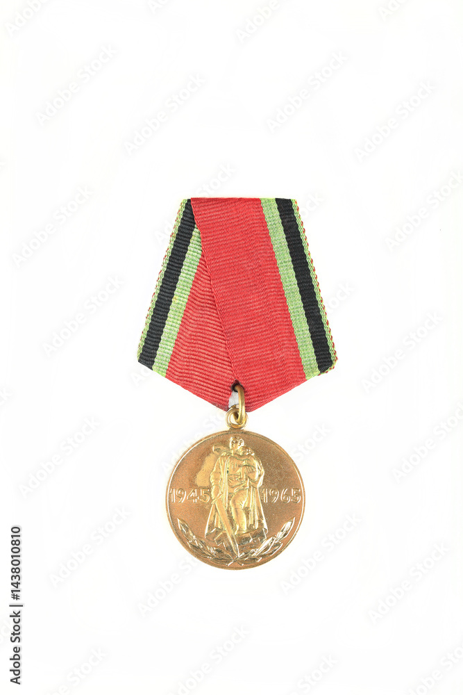 Fototapeta premium Soviet medal of the participant of the Second World War on a white background. 20 years of Victory.