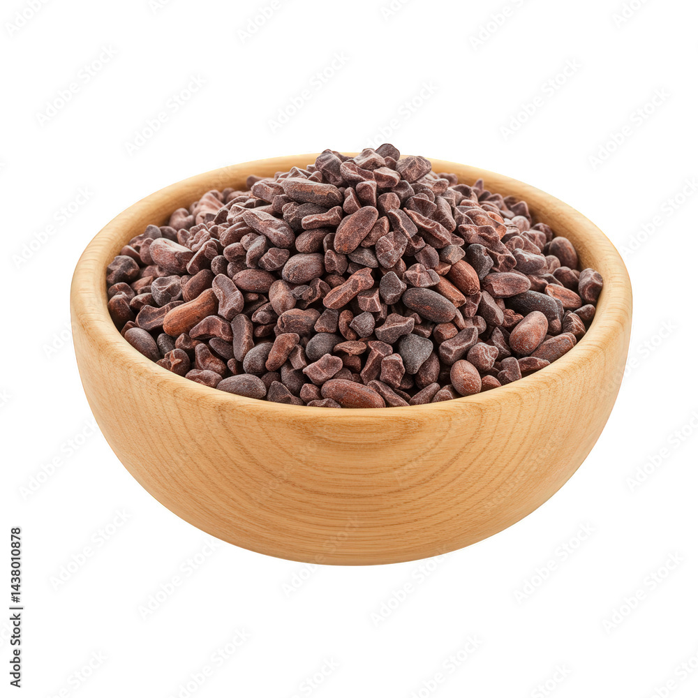 Cocoa Nibs in Wooden Bowl - Raw Chocolate Ingredient, isolated on transparent background. Cocoa Nibs in Wooden Bowl - Raw Chocolate Ingredient, isolated on transparent background.