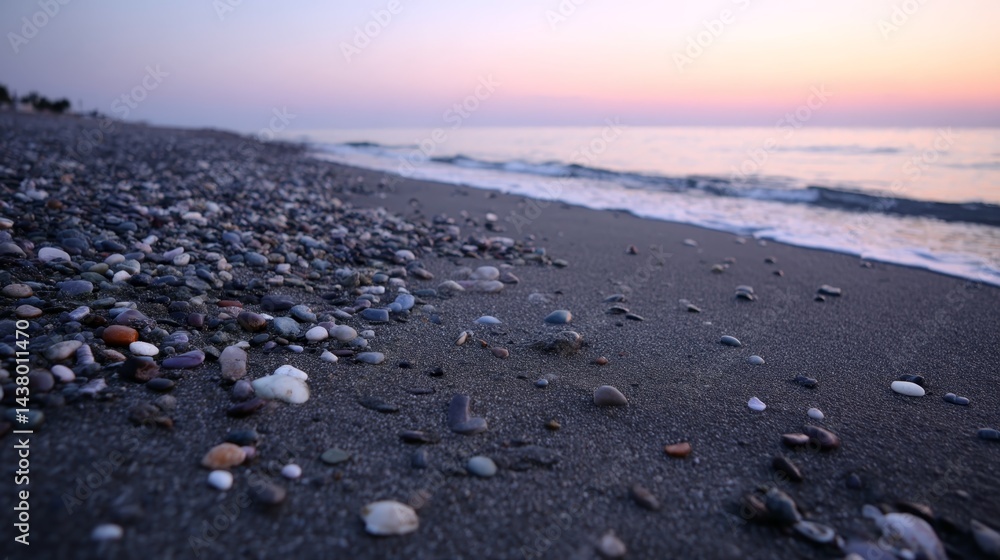 Obraz premium At dawn, gentle waves lap against smooth pebbles on a peaceful shoreline, showcasing a gradient sky of peach and violet perfect for relaxation and travel inspiration