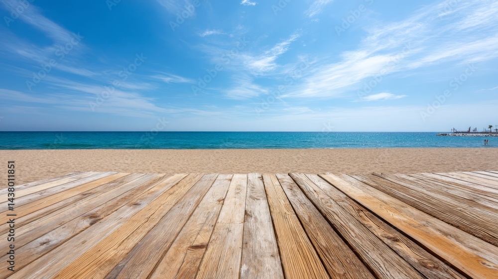 A weathered wooden deck extends into golden sand, with calm ocean waves and a soft blue sky creating a tranquil summer atmosphere in warm morning light A weathered wooden deck extends into golden sand, with calm ocean waves and a soft blue sky creating a tranquil summer atmosphere in warm morning light