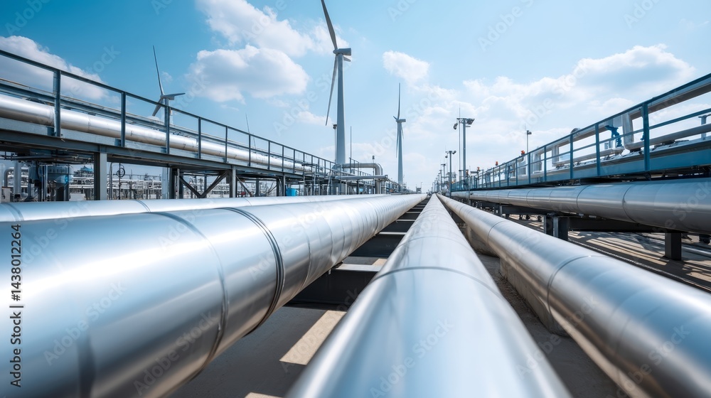 Naklejka premium Metallic hydrogen pipes stretch into the distance with spinning wind turbines in the background, showcasing modern renewable energy efforts on a bright day