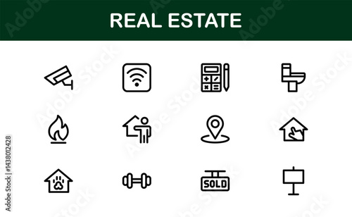 Property and Real Estate Icons. Modern Residential, Commercial, and Architecture Symbol Set for Real Estate Marketing and Branding