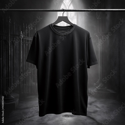 Black T-Shirt Mockup – Dark Gothic Room, Fashion Concept for Wall Art and Merch Design. Dark t-shirt mockup. Merchandising mockup