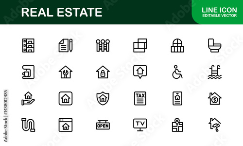Property and Real Estate Icons. Modern Residential, Commercial, and Architecture Symbol Set for Real Estate Marketing and Branding