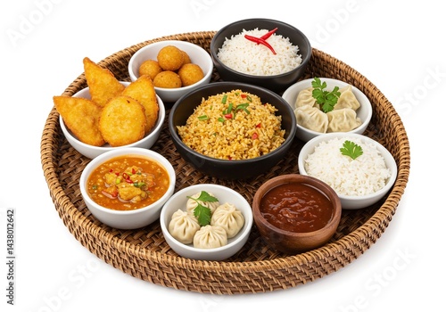 Assorted nepalese dishes served on a woven tray isolated on white background