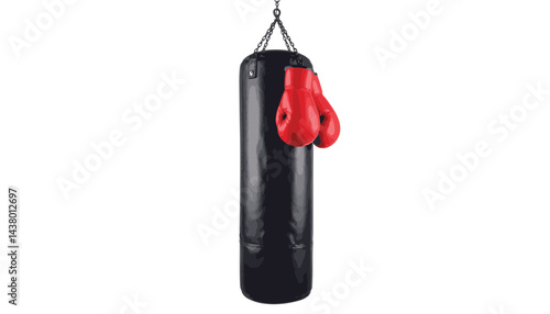 Sleek punching bag with red gloves hanging, fitness training concept